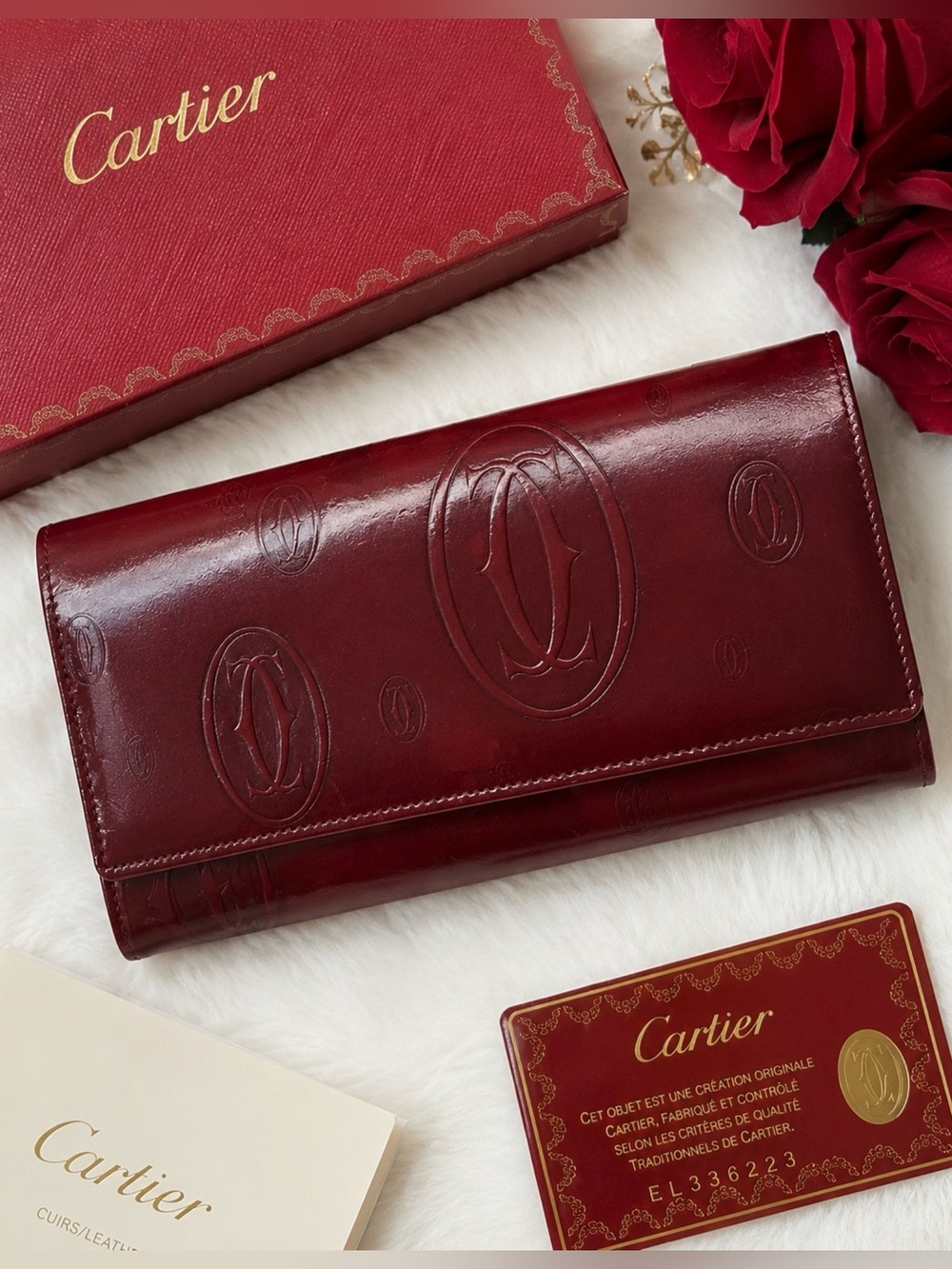CARTIER MUST DE CARTIER HAPPY BIRTHDAY BORDEAUX PATENT LEATHER LONG WALLET